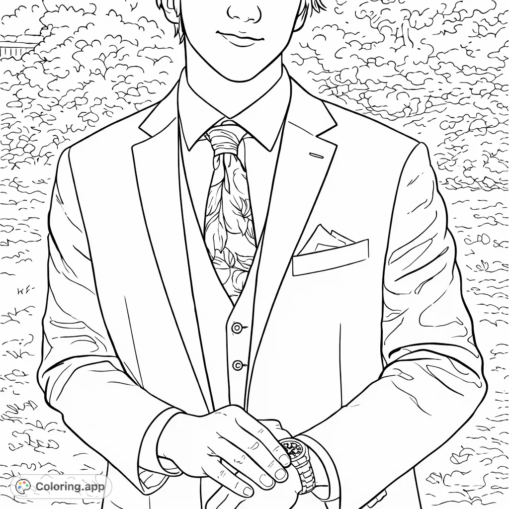Color a distinguished young man in sophisticated formal wear, complete with a patterned tie, vest, and wristwatch, set against a gentle outdoor backdrop.