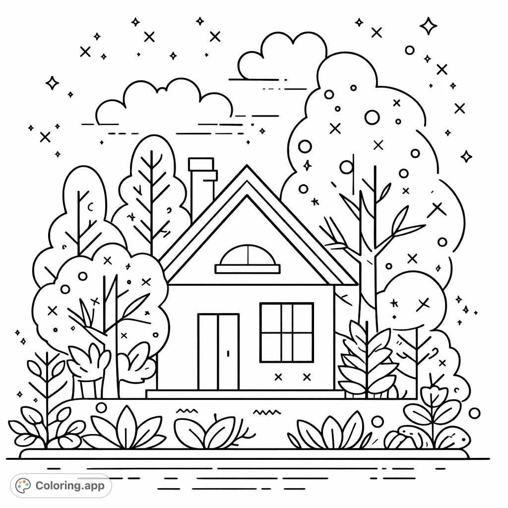 A delightful coloring page depicting a charming house nestled among a variety of trees and plants, with whimsical clouds and celestial shapes overhead.