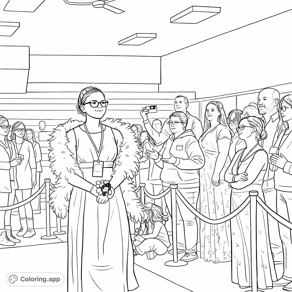 Step into the spotlight with this elegant gala entrance coloring page, featuring a dazzling formal gown and a festive crowd. Perfect for aspiring fashionistas.
