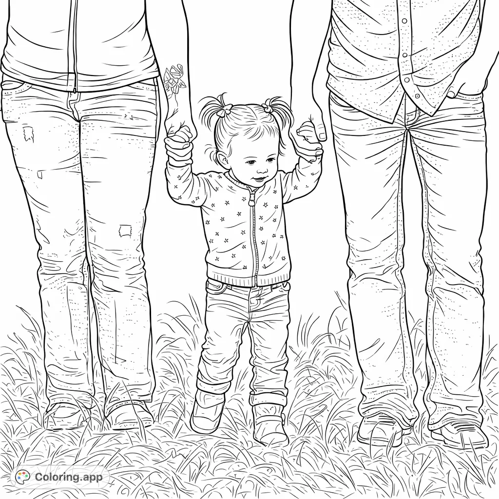 Capture a heartwarming family moment as a child takes their first steps, held by loving parents. A delightful and tender family coloring page.
