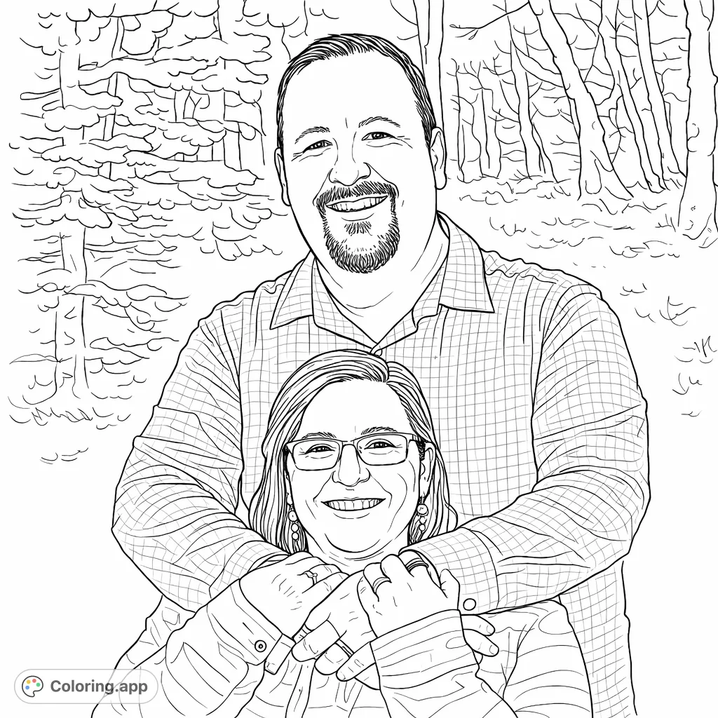 A heartwarming portrait of a smiling couple in a gentle embrace, set against a natural outdoor backdrop. Celebrate connection and joy with this detailed page.