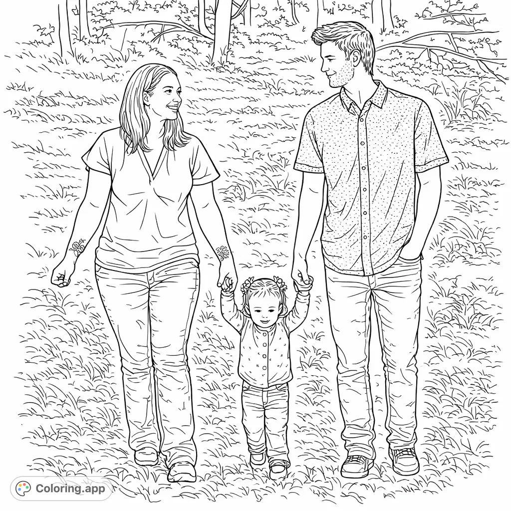A heartwarming family outing featuring a couple helping their toddler take first steps. This free printable family coloring page celebrates love and connection.