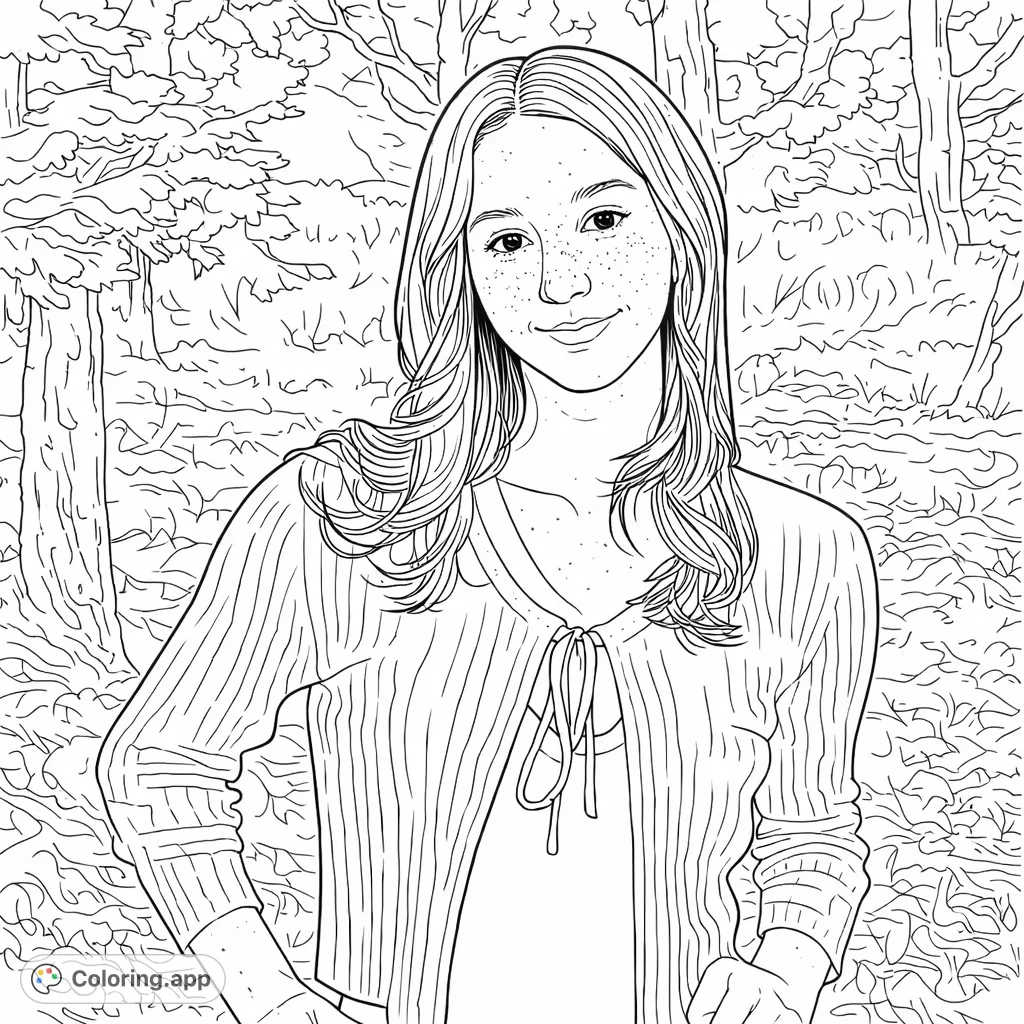 A captivating portrait of a young individual with long flowing hair and a gentle smile, set against a soft natural backdrop. Perfect for mindful coloring.