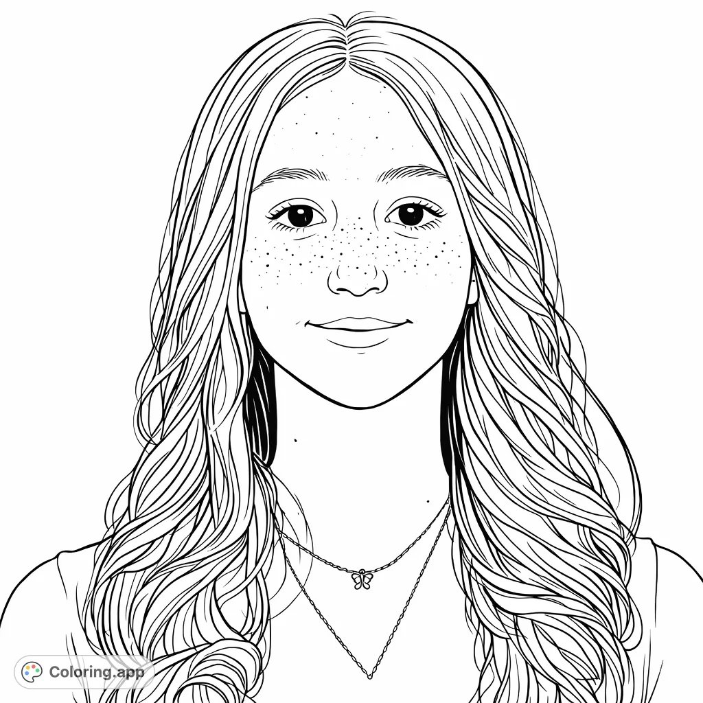Capture the charm of a youthful portrait featuring a gentle smile, wavy hair, and distinctive freckles. A delightful coloring page for creative expression.