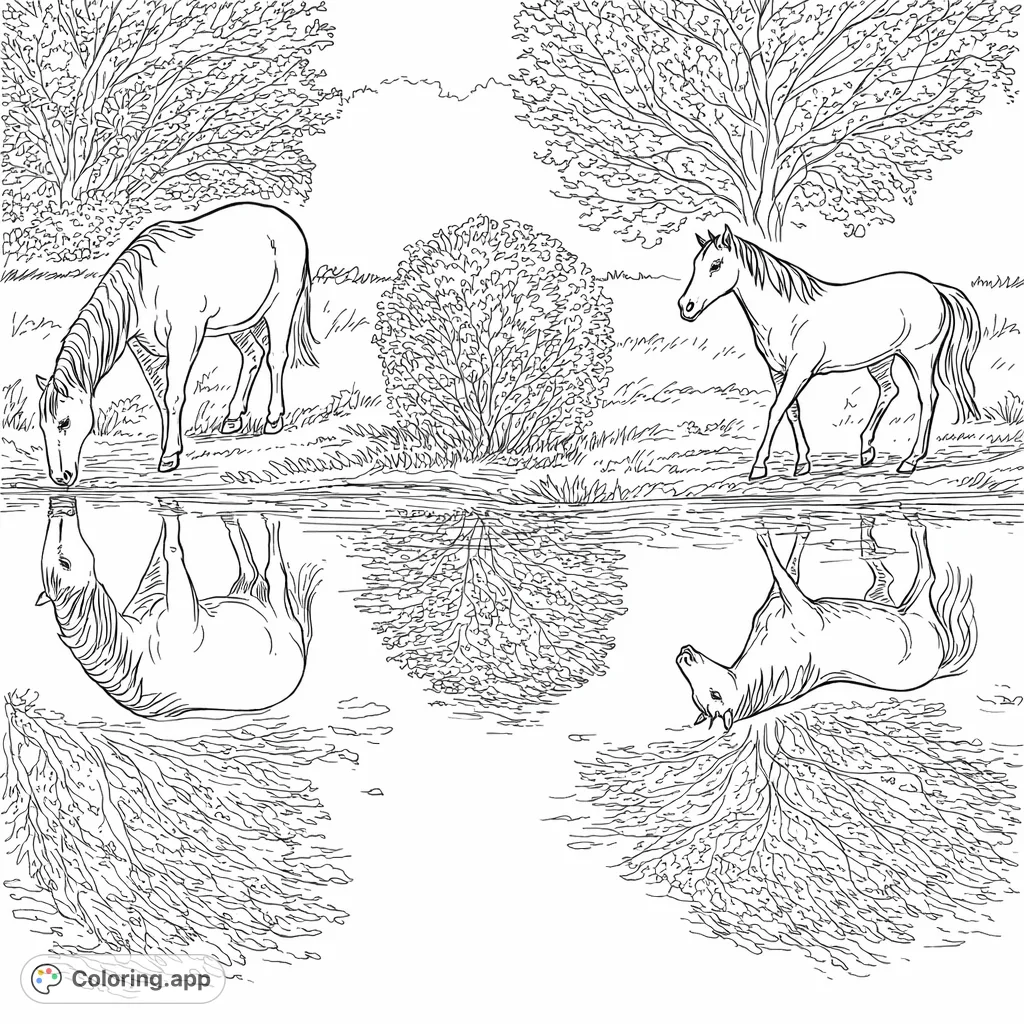 Two majestic horses graze and walk by a tranquil pond, surrounded by nature's beauty. A serene pastoral scene awaiting your creative touch.