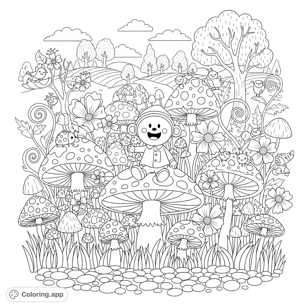 Dive into a delightful Bobbie Goods inspired coloring page featuring a charming character surrounded by intricate mushrooms, flowers, and tiny creatures.