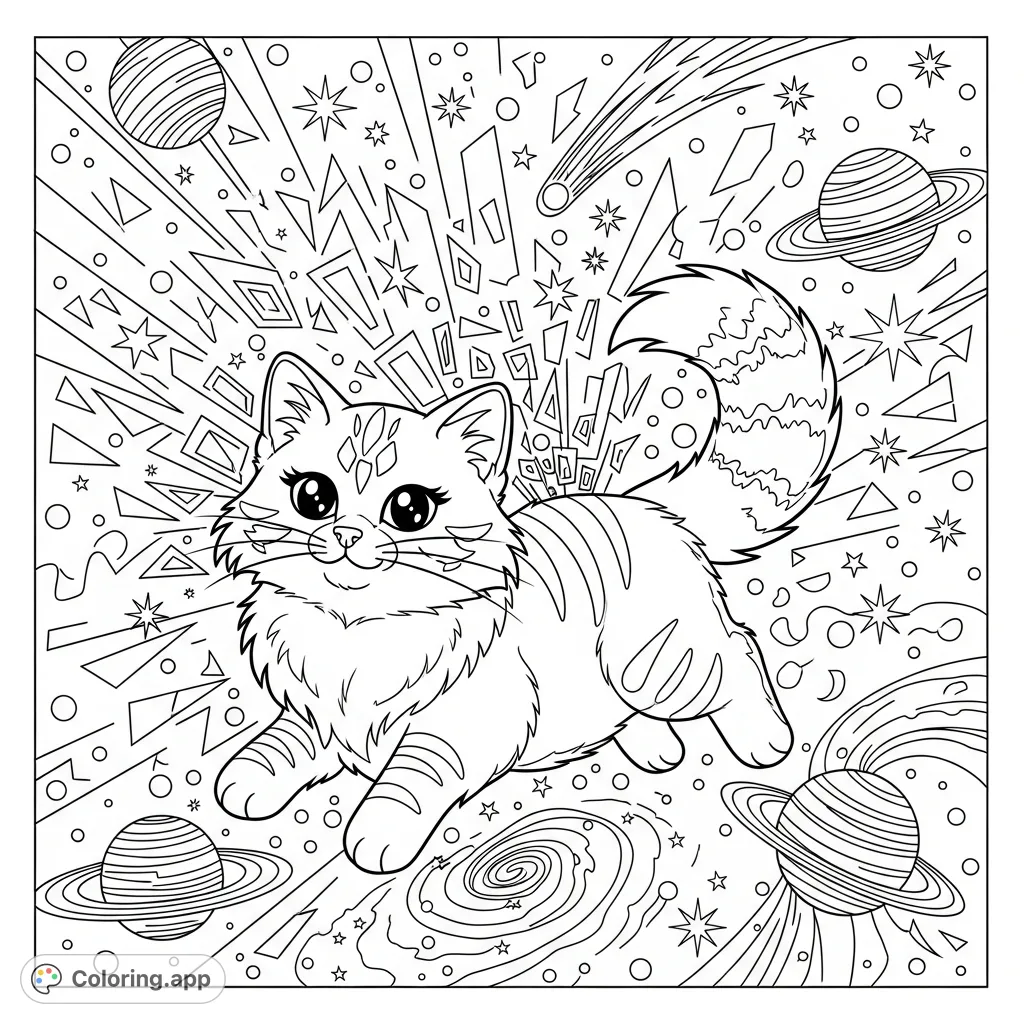 Unleash your creativity with this detailed Lisa Frank inspired coloring page featuring a fluffy cat soaring through a vibrant, star-filled cosmos.