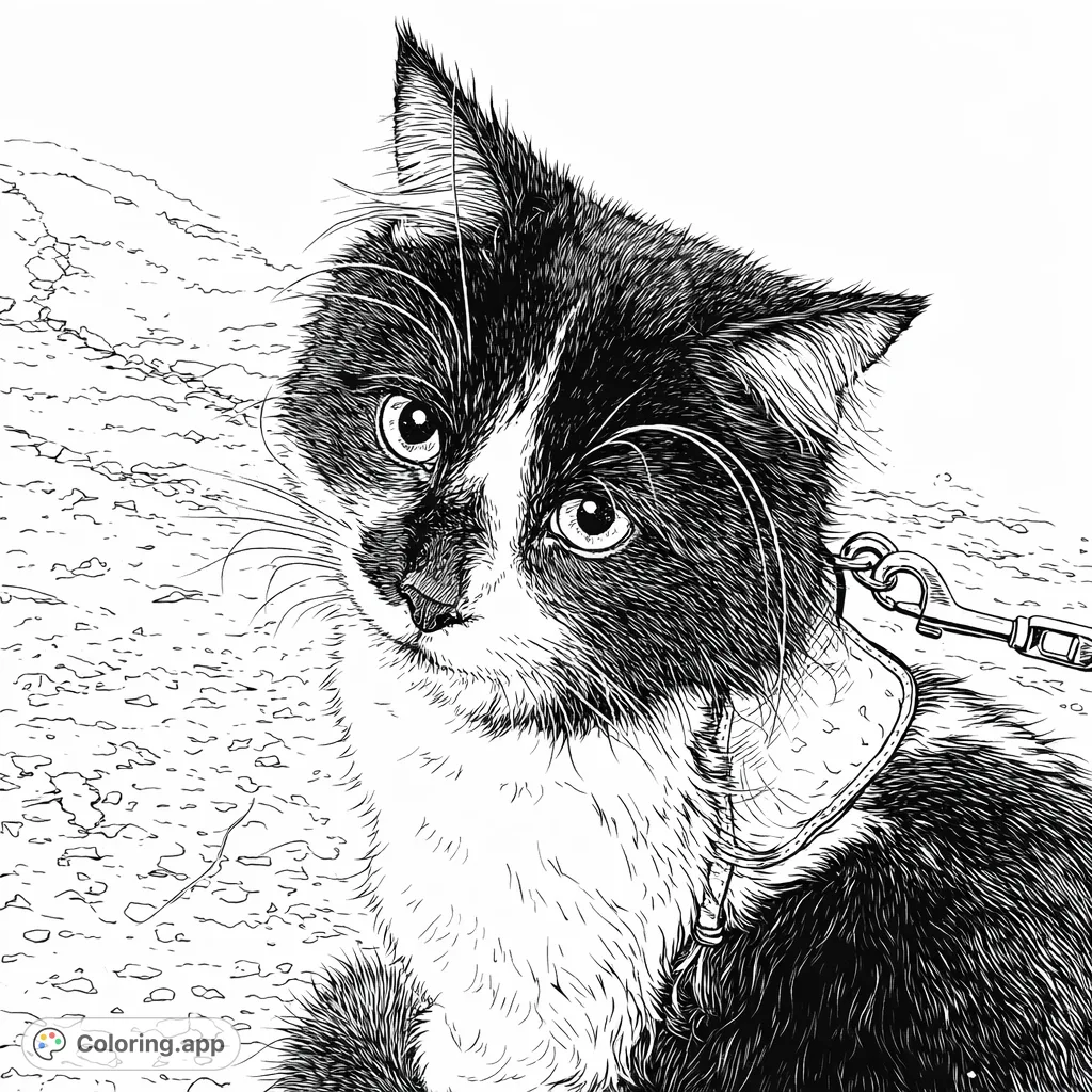 A charming tuxedo cat portrait, complete with a harness and curious eyes. This free printable coloring page offers delightful details for cat lovers of all ages.