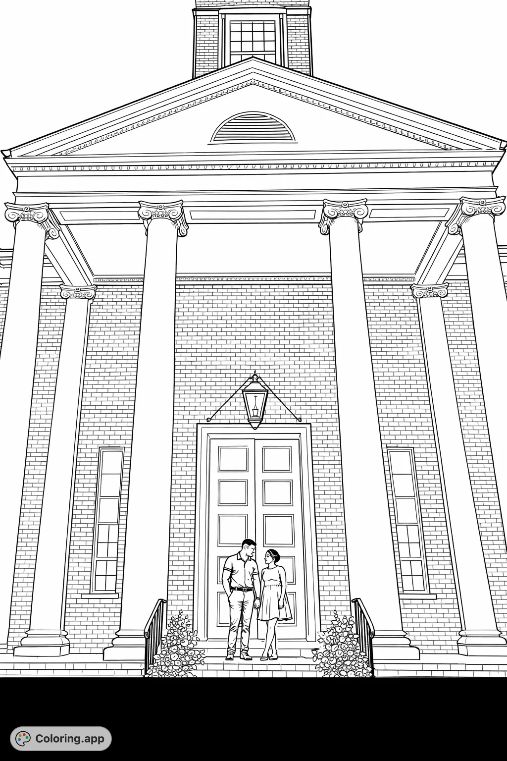 Capture a romantic moment with this stately building coloring page. A couple stands lovingly at a grand entrance, surrounded by classic architecture and floral accents.