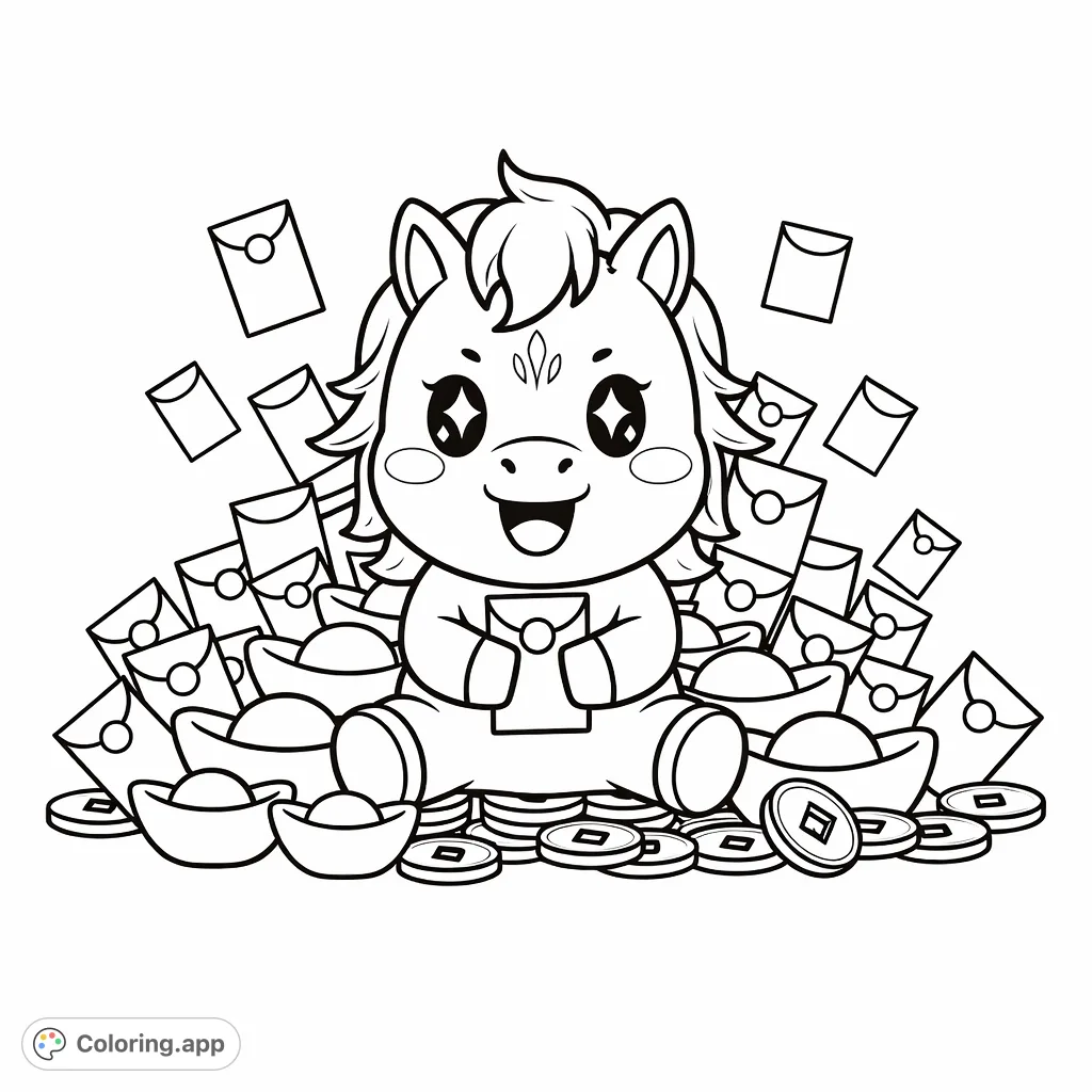 A cheerful horse surrounded by a bounty of lucky envelopes, gold ingots, and coins, symbolizing good fortune and celebration. Perfect for festive coloring.