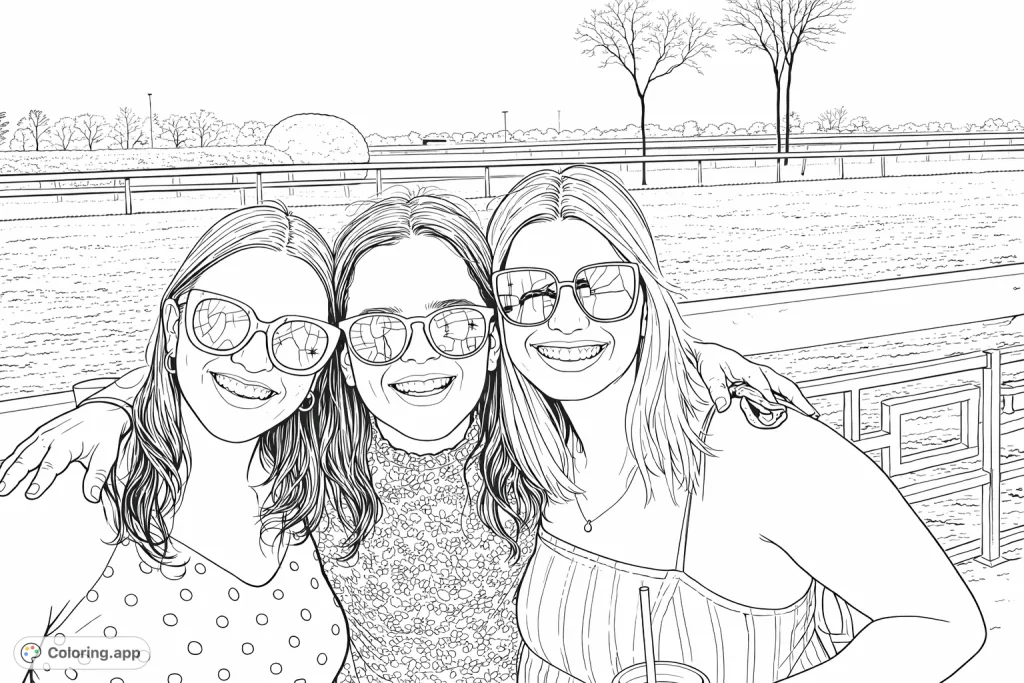 Three smiling friends enjoying a day at the racetrack, posing together with arms linked. Features sunglasses, unique clothing patterns, and an open outdoor setting.