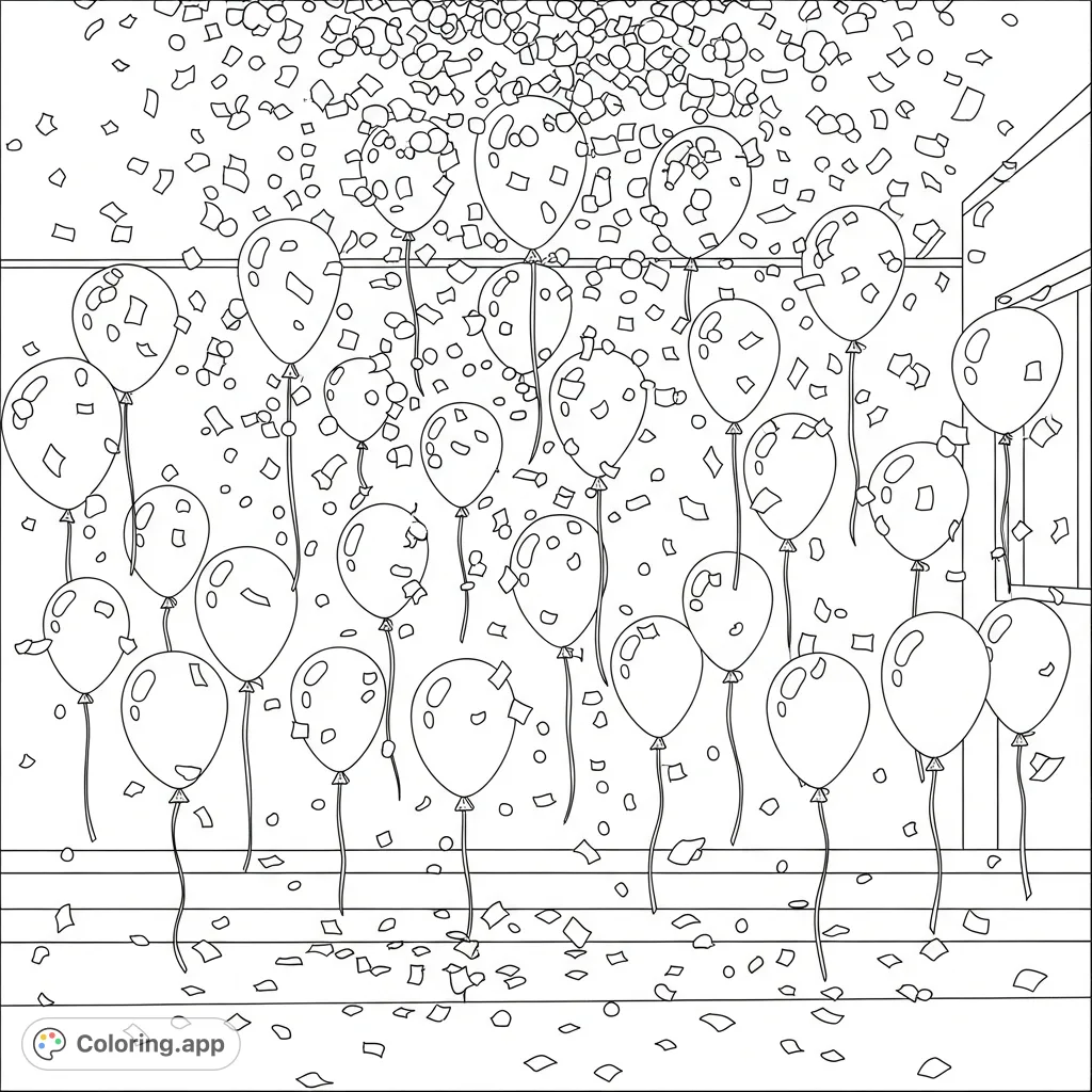 A joyous party scene featuring an assortment of floating balloons and a festive cascade of confetti. Perfect for a celebration coloring page.