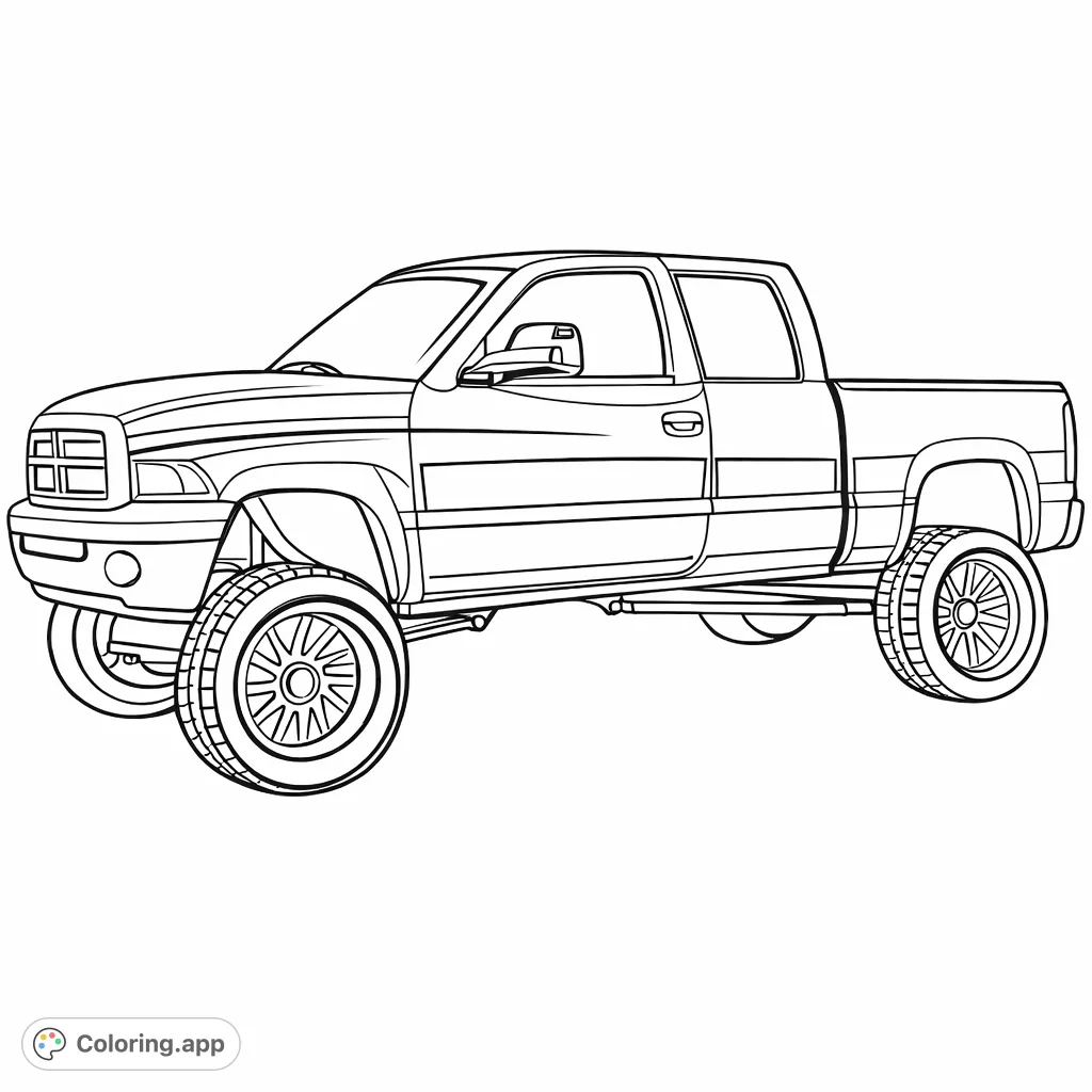Color a powerful lifted pickup truck with large wheels and bold lines. Perfect for vehicle enthusiasts and a fun creative challenge.