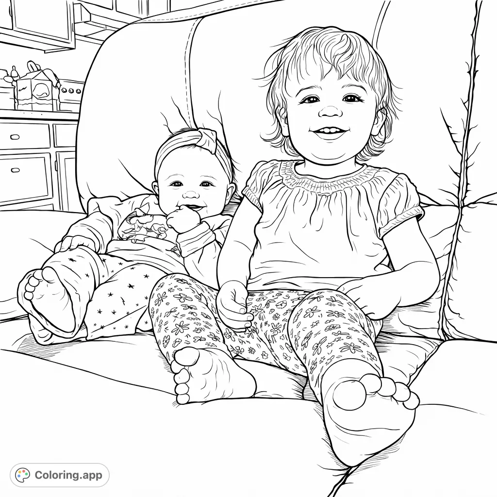 Capture the heartwarming scene of two smiling children enjoying a moment together on a cozy couch. A delightful page for all ages to color.