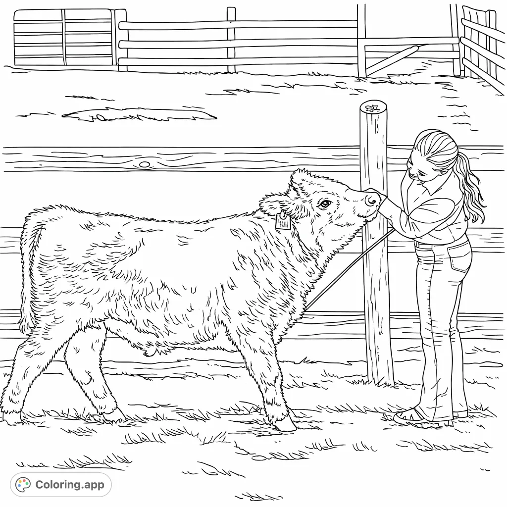 Experience farm life with this detailed coloring page featuring a young woman gently interacting with a calf in a rural setting, complete with fencing and grass.