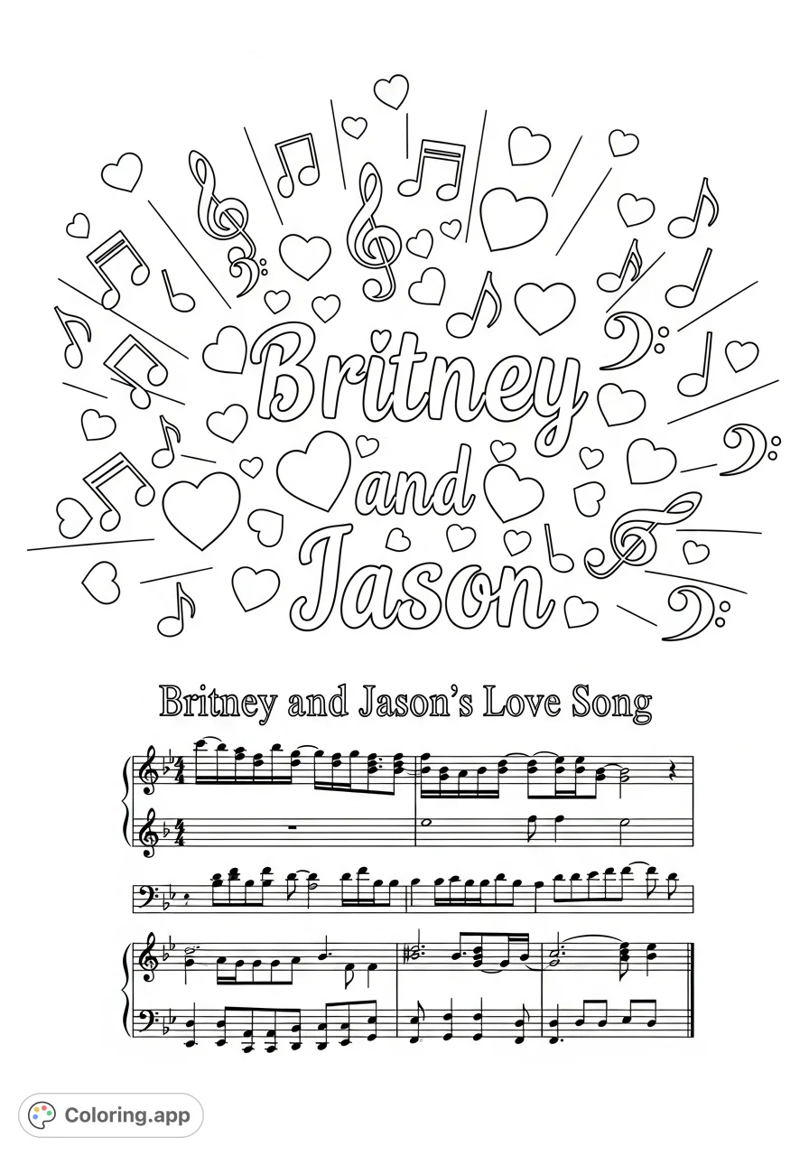 A romantic musical scene featuring the names Britney and Jason, encircled by hearts and musical notes, with a dedicated sheet music section titled 'Britney and Jason's Love song'.