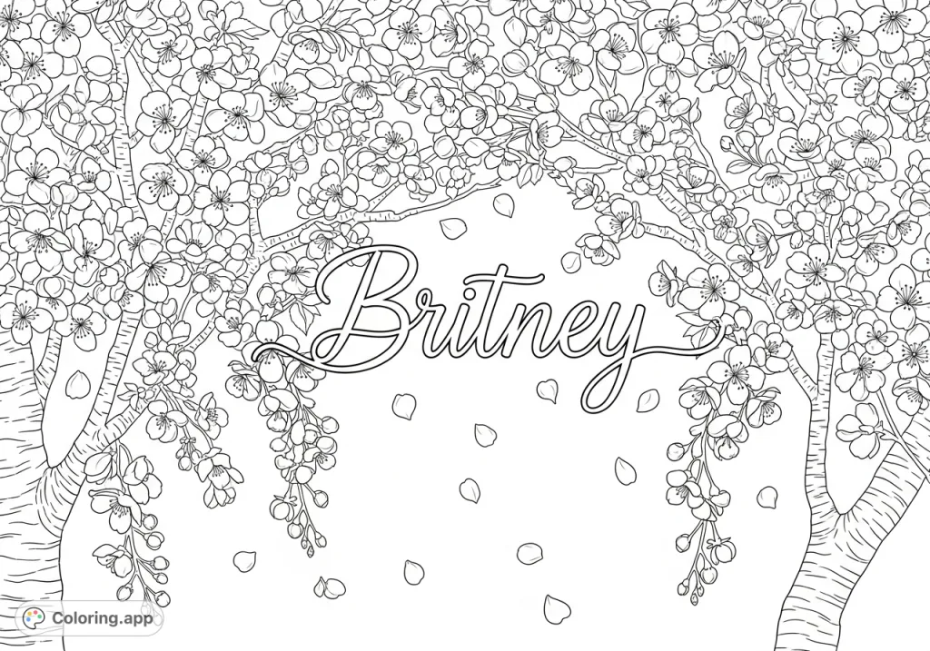 An exquisite botanical cherry blossom coloring page with delicate petals, textured branches, and the elegant name "Britney" woven into the design.