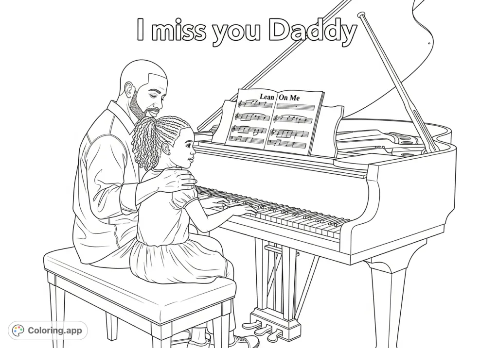 A touching scene of an African American father and daughter at a piano with "Lean On Me" sheet music. Features the heartfelt message "I miss you daddy."