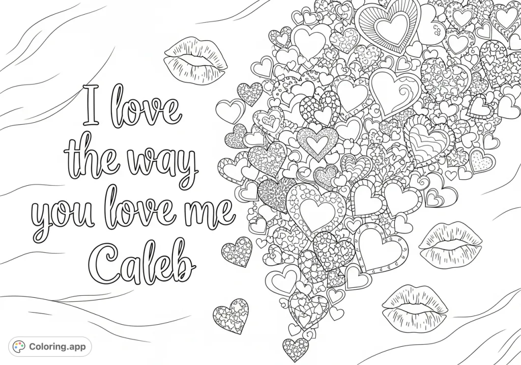 Express heartfelt affection with this unique coloring page featuring a personalized message, cascading hearts, and charming lip prints on a soft, textured background.