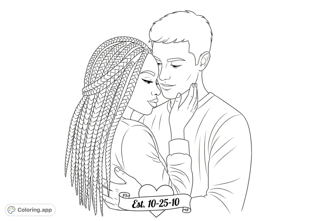 A heartfelt romantic couple coloring page featuring an African American woman with braids and a white man, celebrating their love with "Est. 10-25-10" displayed.