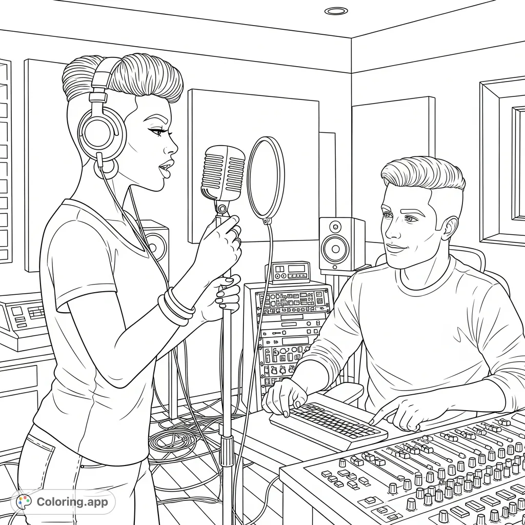 Immerse yourself in a recording studio scene featuring a talented woman singing and her supportive boyfriend at the soundboard, connected by music and love.