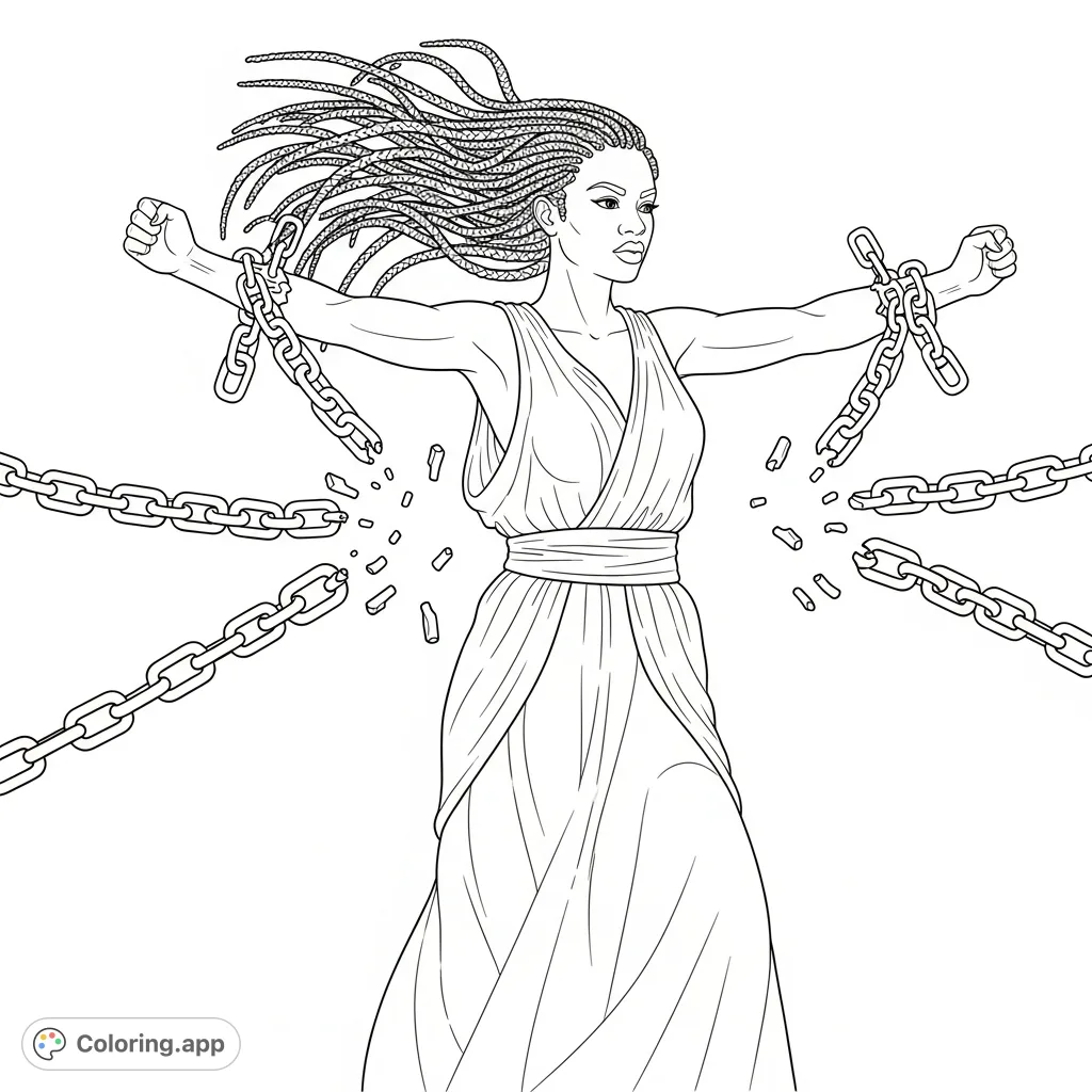 Discover an empowering African American female with long braids, actively breaking free from heavy chains, symbolizing strength, resilience, and liberation.