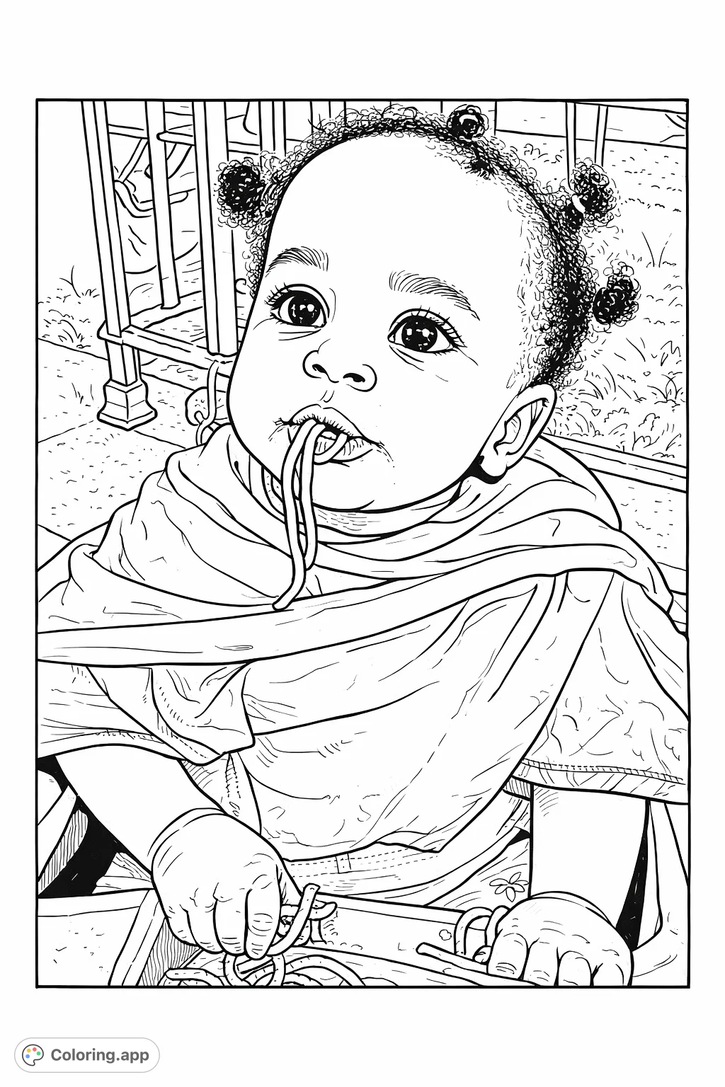 A delightful baby enjoying a messy noodle meal, captured with wide-eyed curiosity and plump cheeks. A charming, free printable coloring page for joyous moments.