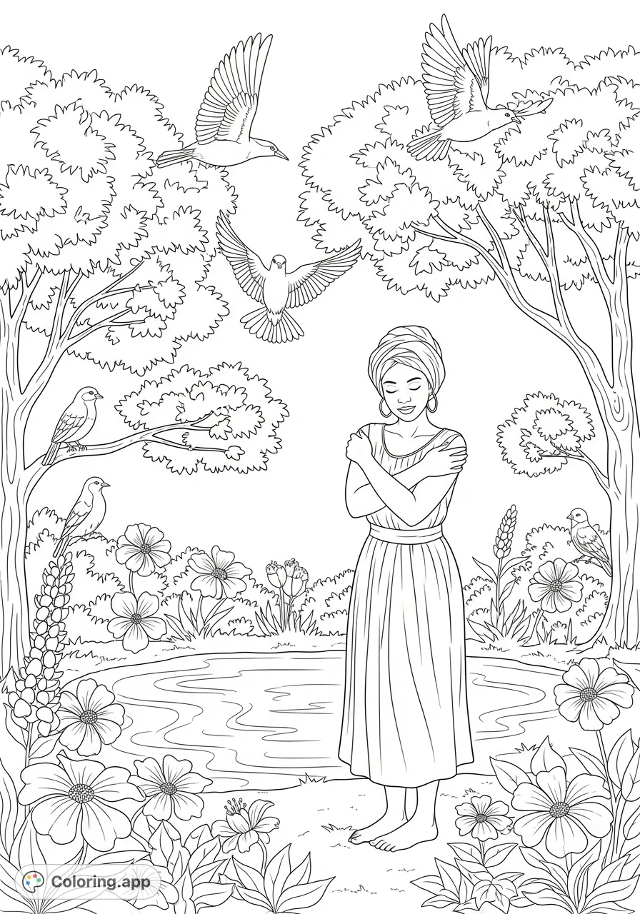 Discover tranquility with this free printable coloring page featuring an Afro American woman in a serene embrace by a pond, surrounded by flowers, birds, and lush trees.