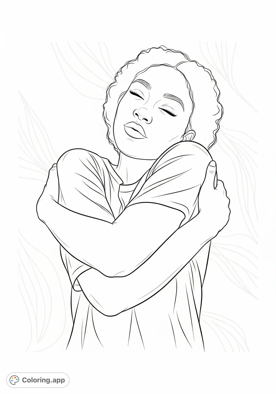A serene African American woman gently embraces herself, conveying peace and self-love. A calming image, perfect for reflection and mindful coloring.