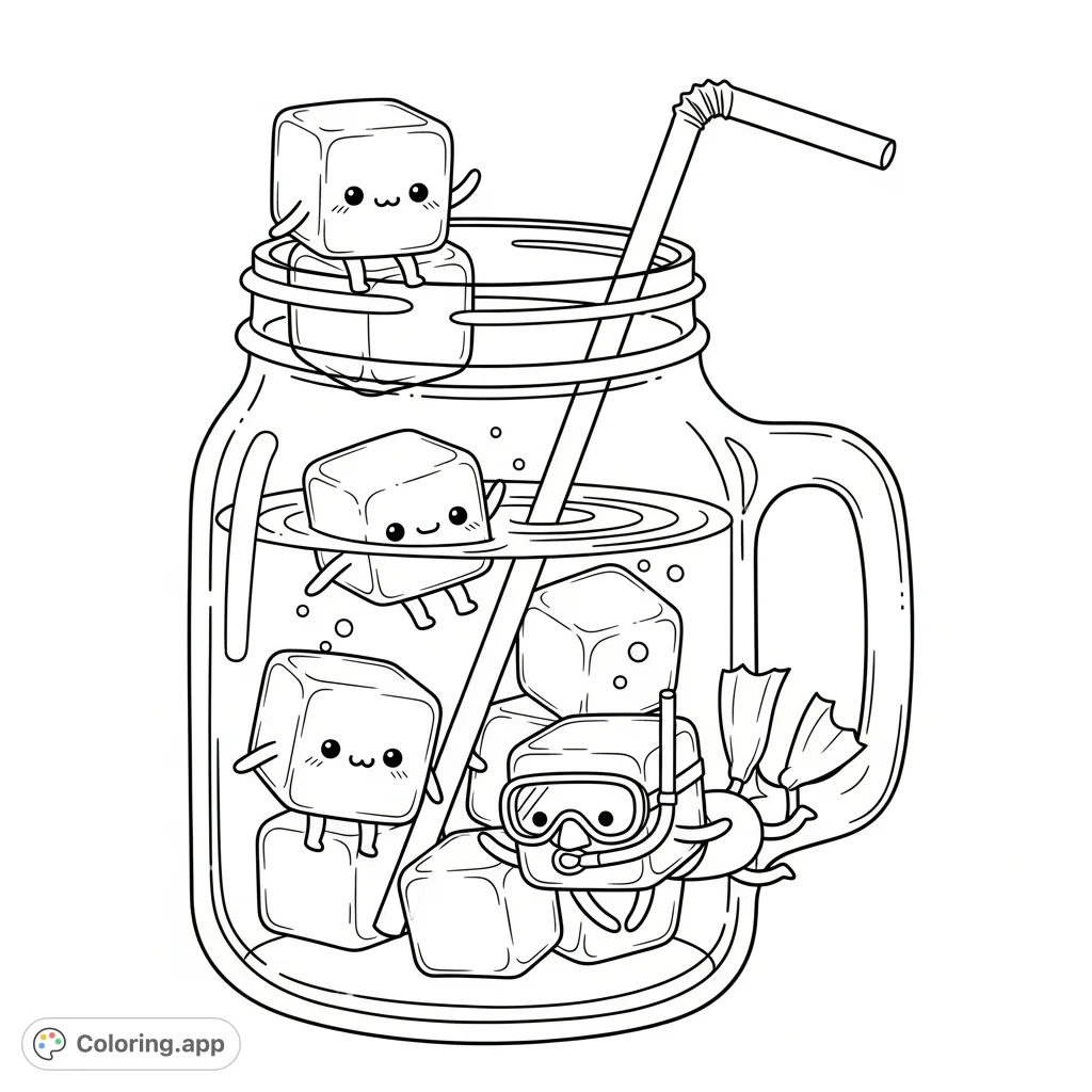 A charming cozy drink scene with playful ice cube characters in a glass jar. Perfect for a relaxing coloring experience for kids and fun enthusiasts!