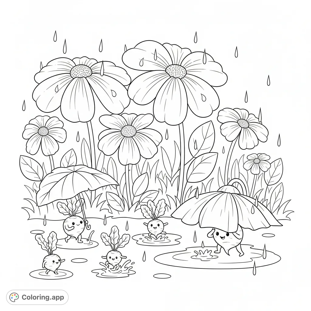 Discover a charming flower garden with elegant blooms and playful beetroot characters enjoying a gentle rain. Perfect for a cozy coloring adventure.