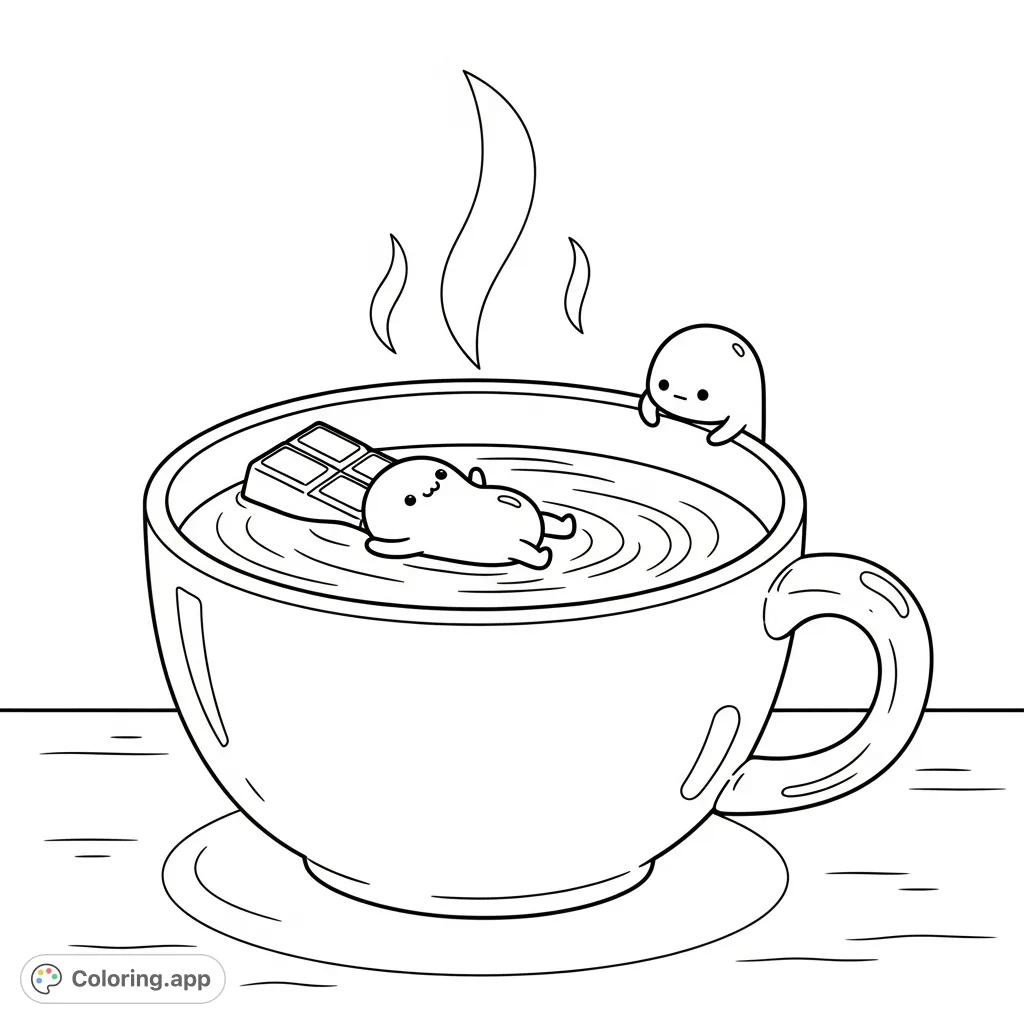 A delightful hot cocoa scene featuring a large mug with gentle steam and two tiny, cute chocolate bar characters enjoying a warm, cozy moment.