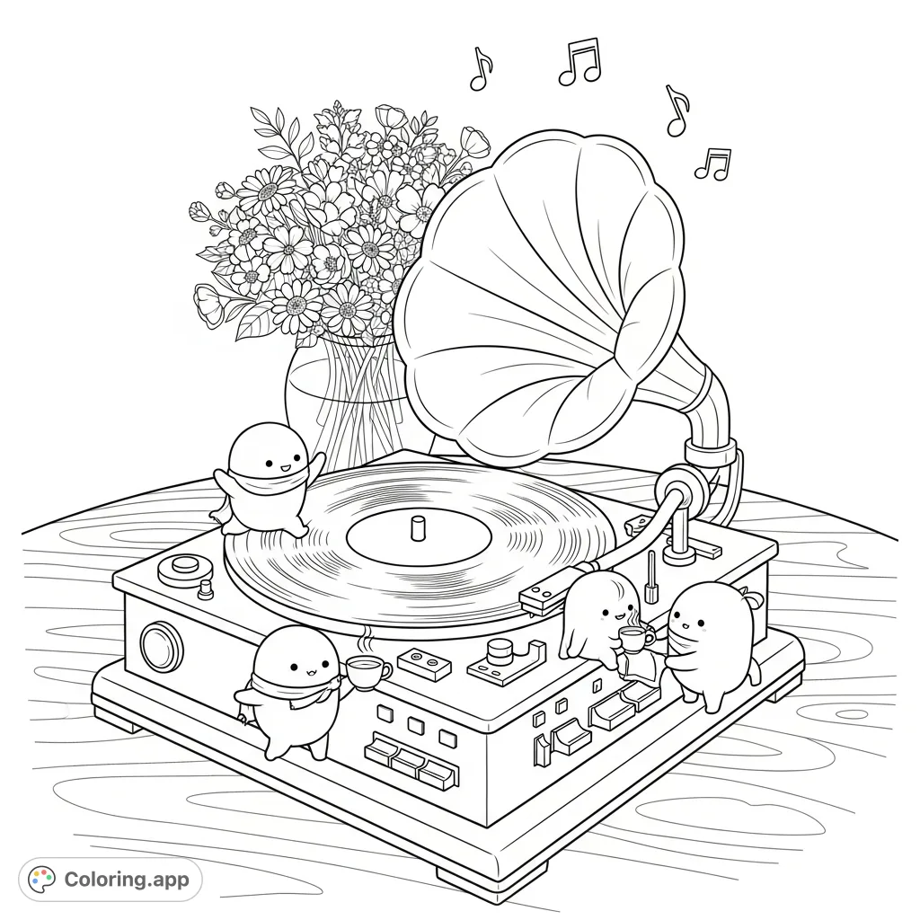 Discover a charming vintage gramophone coloring page featuring a detailed record player, playful tiny characters, elegant flowers, and floating music notes.
