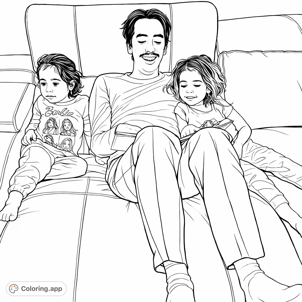 A heartwarming scene of a man and two young girls sharing a cozy reading moment on a sofa. Perfect for a family-themed coloring activity.