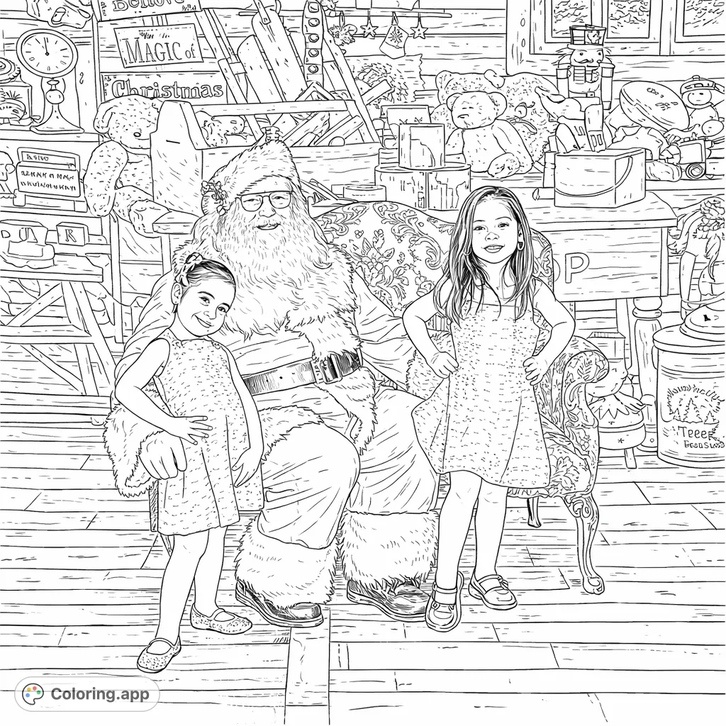 A heartwarming scene with jolly Santa Claus and two smiling children, surrounded by a workshop full of toys and holiday cheer. Perfect for spreading joy!