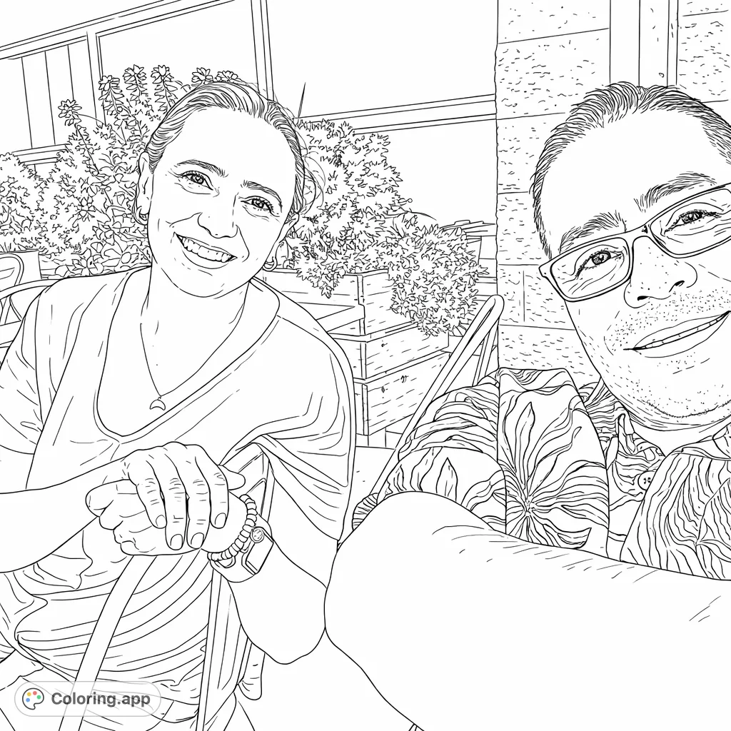 Capture a heartwarming outdoor scene featuring a smiling duo enjoying a moment together. Perfect for adding your personal touch to their joyful expressions.