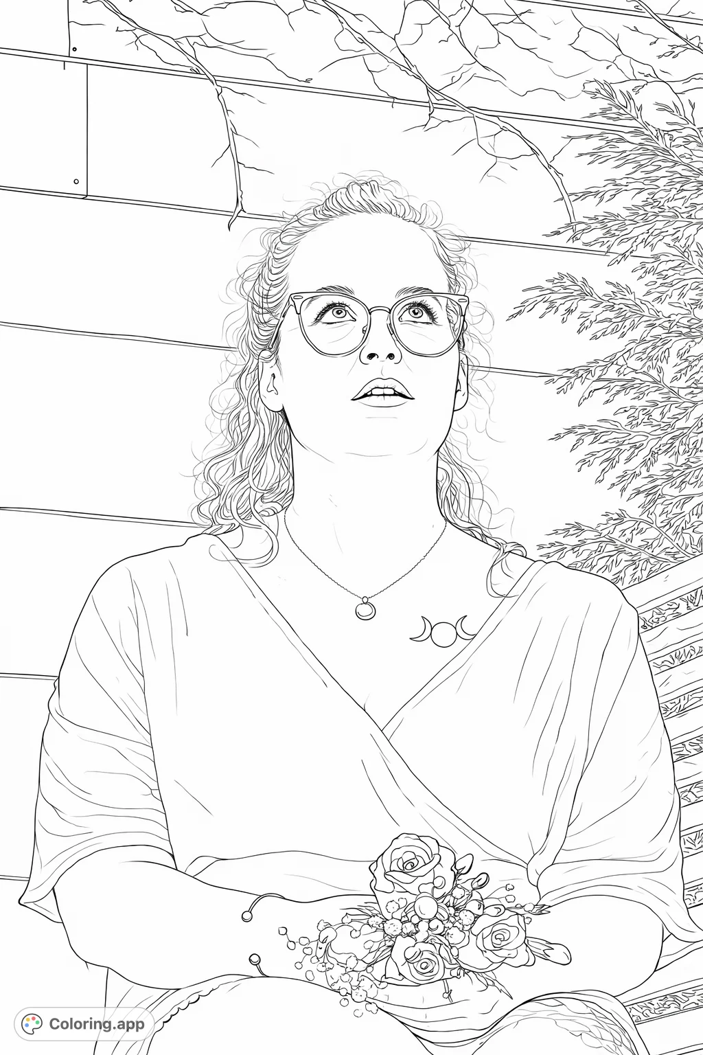 Discover a serene portrait of a person in glasses, gazing thoughtfully upwards while holding a charming floral bouquet. Features intricate details, perfect for mindful coloring.
