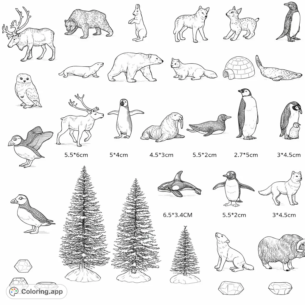 Explore a comprehensive collection of arctic animals, from polar bears and reindeer to penguins and seals, set among coniferous trees. Perfect for animal lovers.