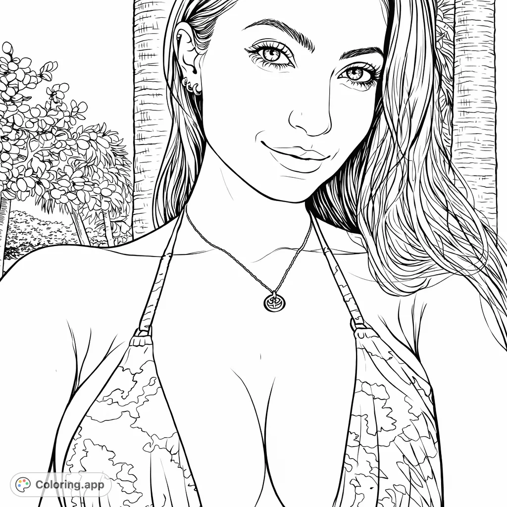 A striking close-up of a woman in a patterned bikini top amidst a tropical setting, perfect for adult colorists seeking a stylish portrait.