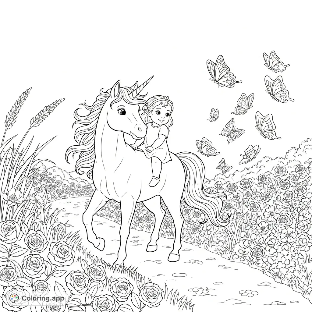 A playful baby elven girl rides a gentle unicorn through a vibrant wildflower meadow. Butterflies flutter around them, enhancing this magical scene.