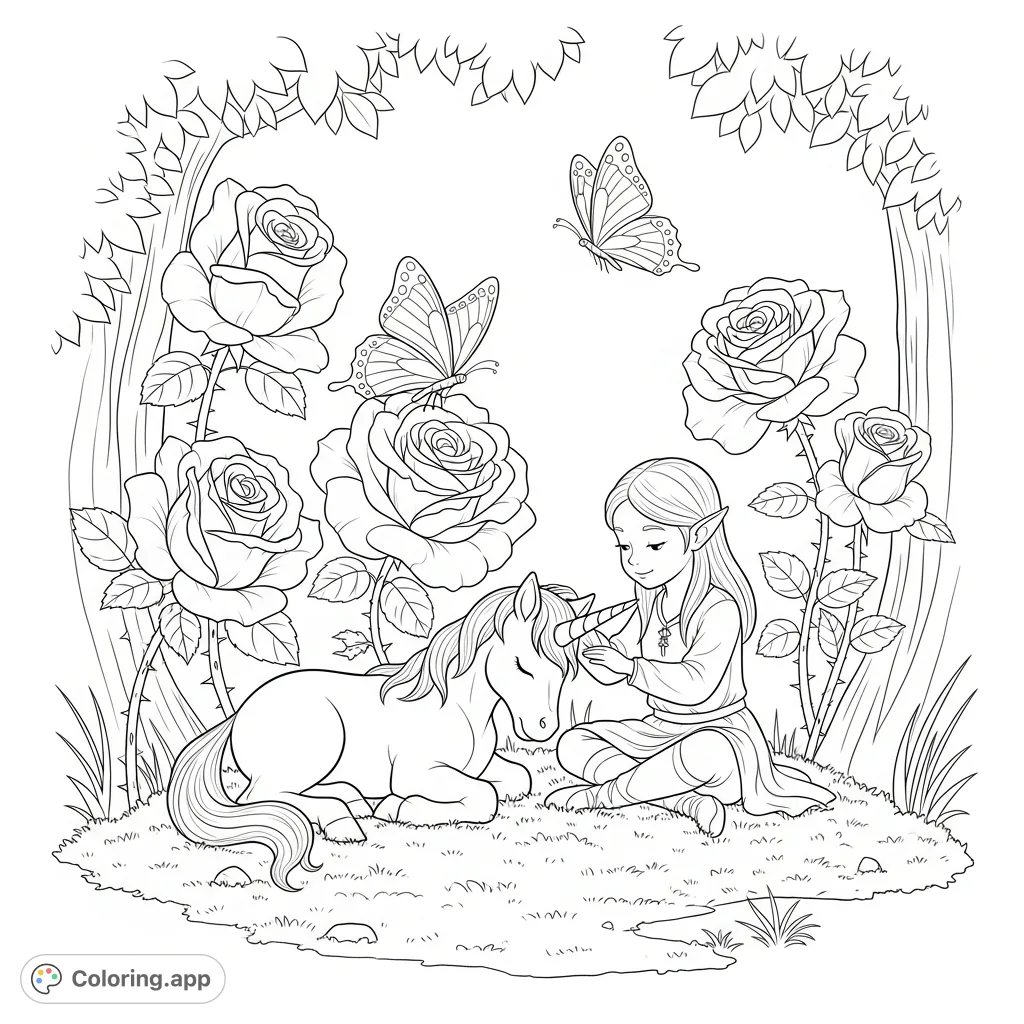 An enchanting elven girl shares a tender moment with a unicorn in a secluded, rose-filled glade. Delicate butterflies add to this magical, free printable coloring page.