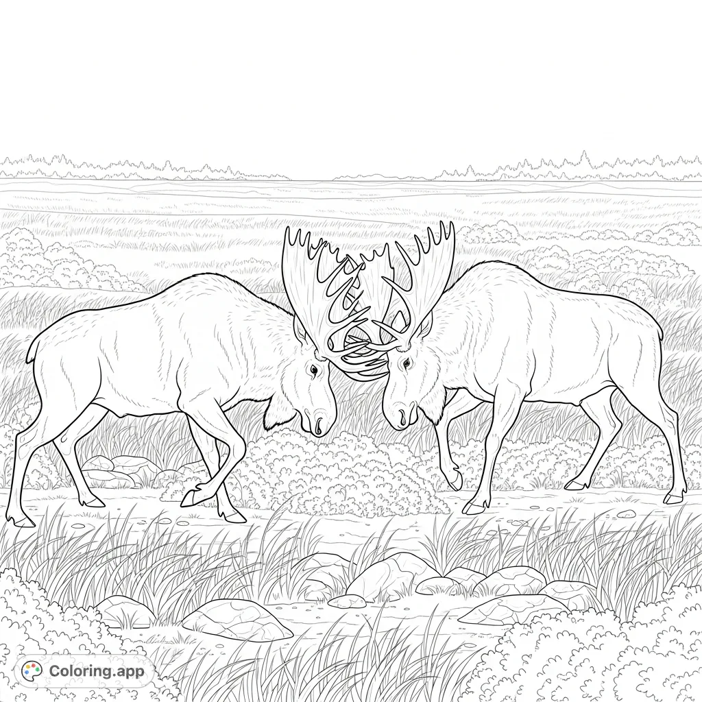 Witness a dramatic confrontation between two majestic moose, antlers locked in a powerful struggle amidst a sprawling field. A captivating wildlife scene.