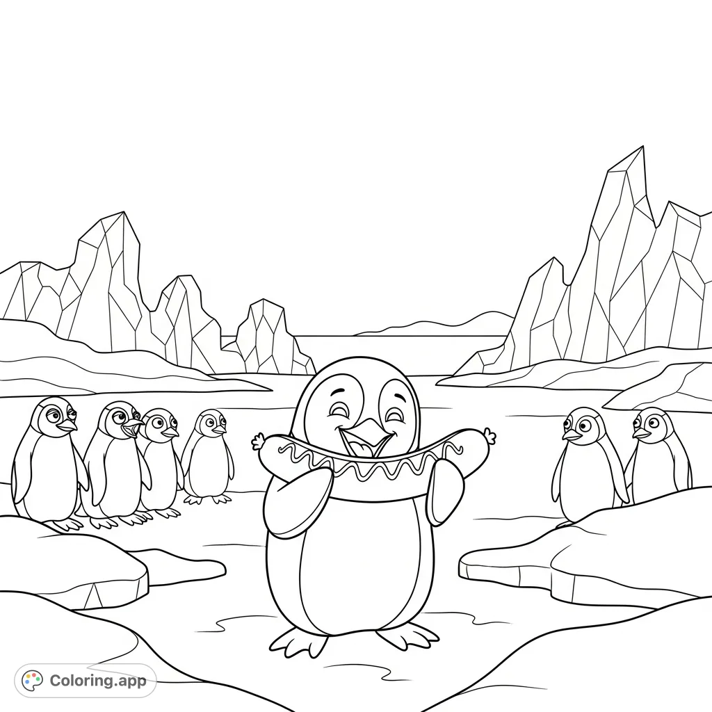 A hilarious penguin enjoys a tasty hotdog at the North Pole, surrounded by envious feathered friends. A fun and whimsical scene for all ages!