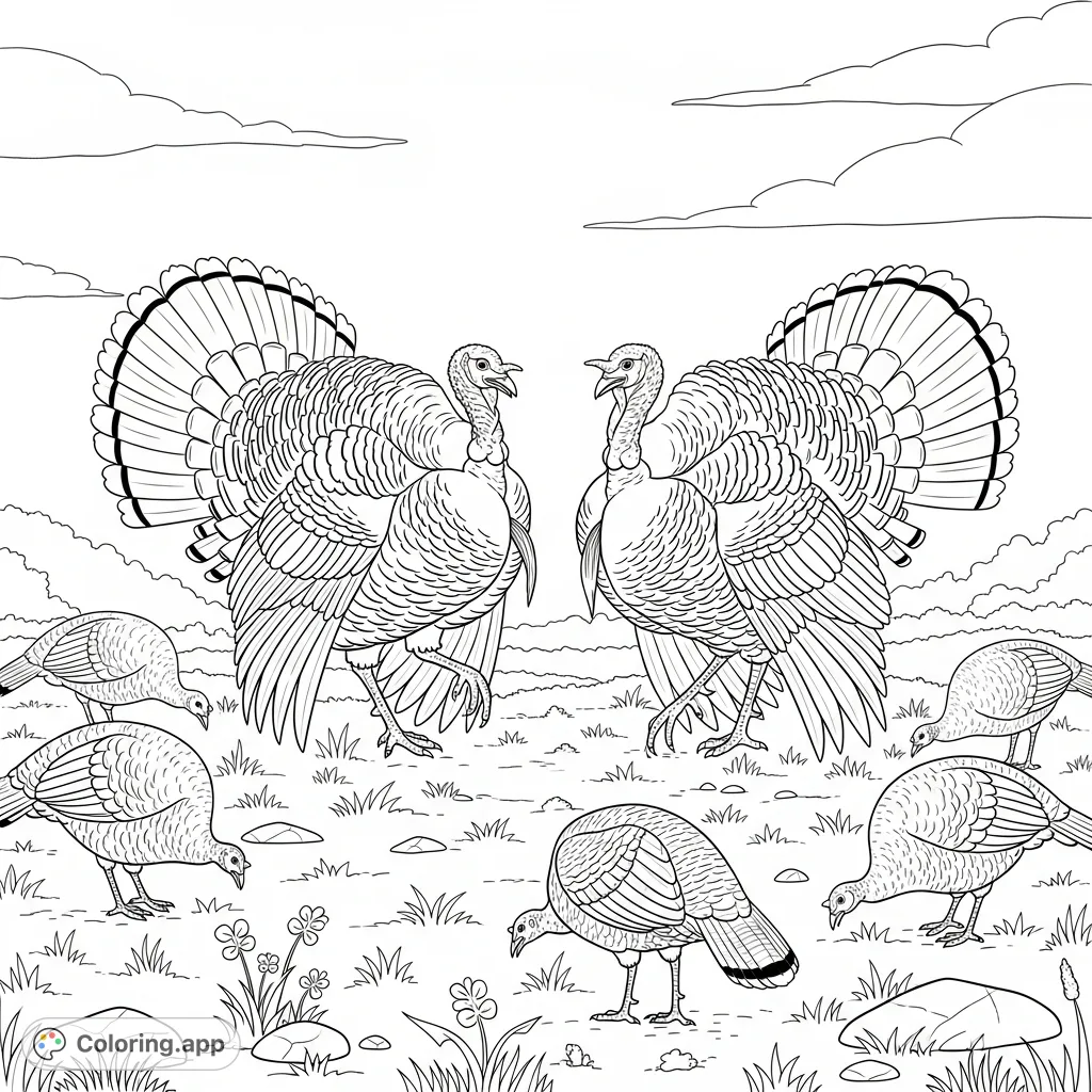 A dynamic turkey coloring page featuring two male turkeys in a dramatic standoff, surrounded by watchful hen turkeys in a detailed natural field setting. Free printable turkey coloring page for kids and adults.