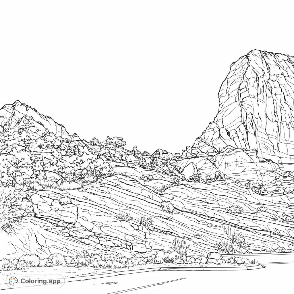 Explore a majestic desert landscape featuring towering rock formations, layered slopes, and resilient plant life under a vast sky, offering a calming coloring experience.
