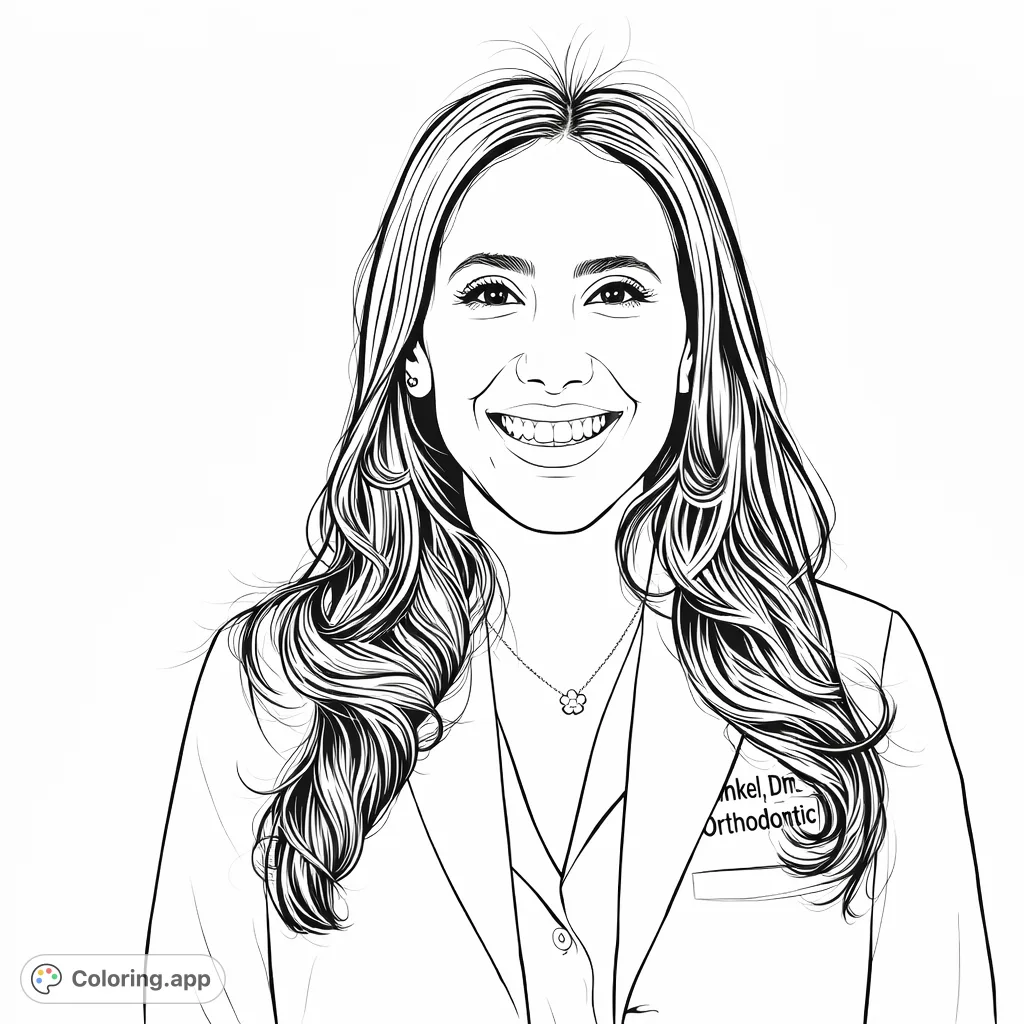A detailed coloring page featuring a smiling woman in a lab coat, perfect for practicing portraiture and celebrating professionals. Free printable portrait coloring page.