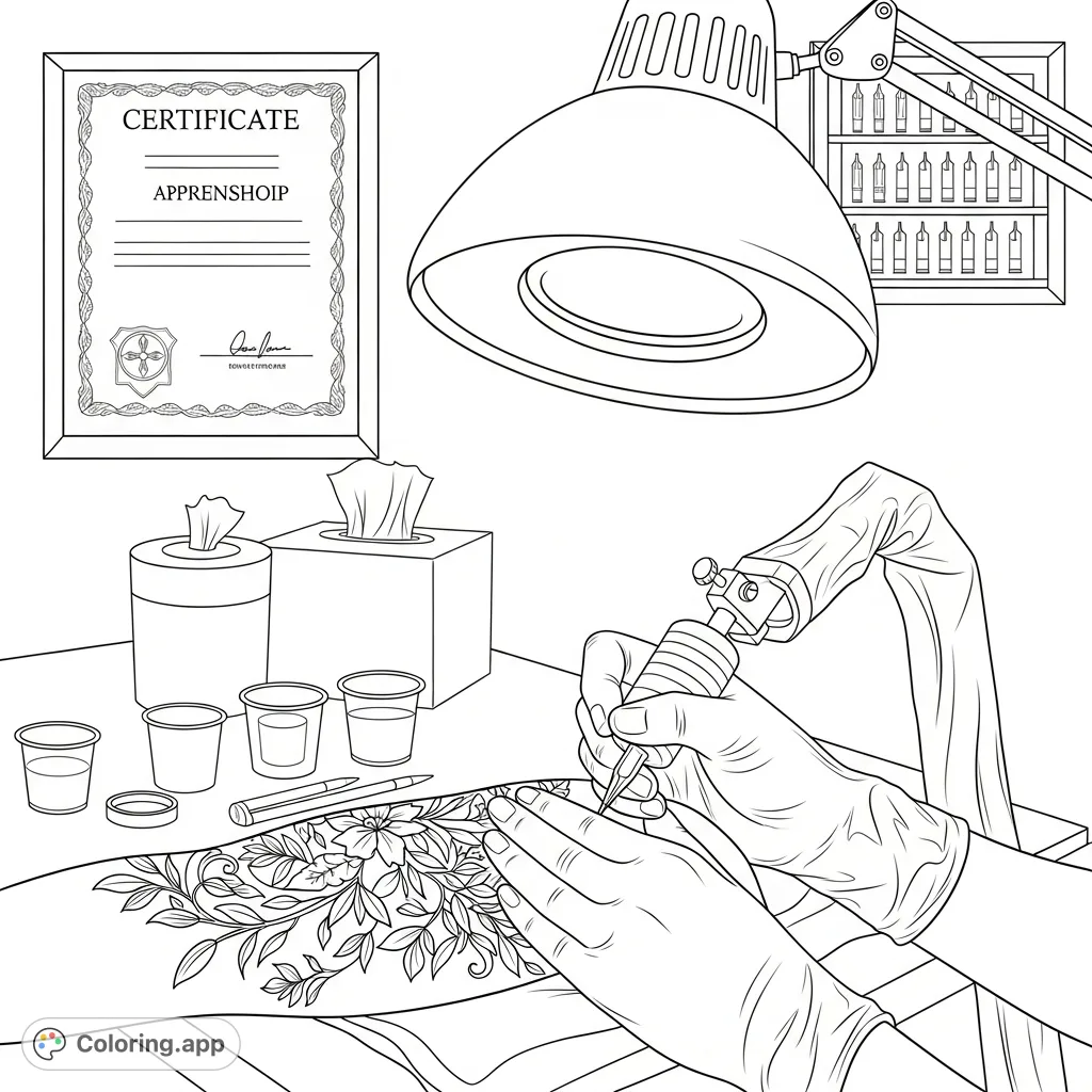 Experience the intricate world of a tattoo artist at work, creating a delicate botanical design with detailed leaves and blossoms on skin.