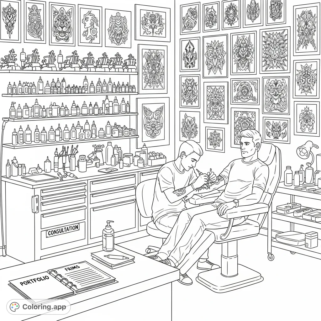 Explore a detailed tattoo parlor, featuring an artist at work, a client in an ergonomic chair, intricate flash art, and organized equipment. A true artist's canvas!