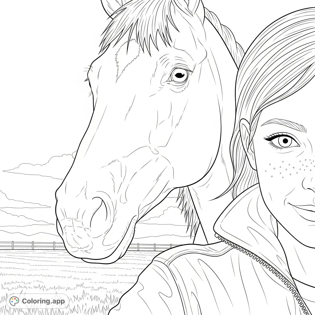 An intimate close-up of a horse's gentle head looking down at a smiling person, capturing a moment of connection against a serene field backdrop.