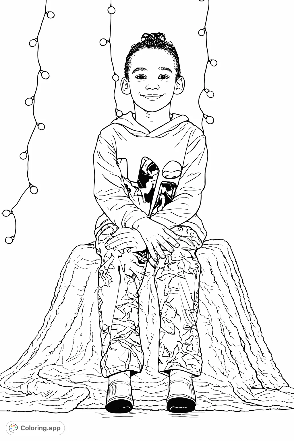 A cheerful boy sitting amidst festive lights, wearing a patterned outfit, offering a delightful coloring experience for all ages.